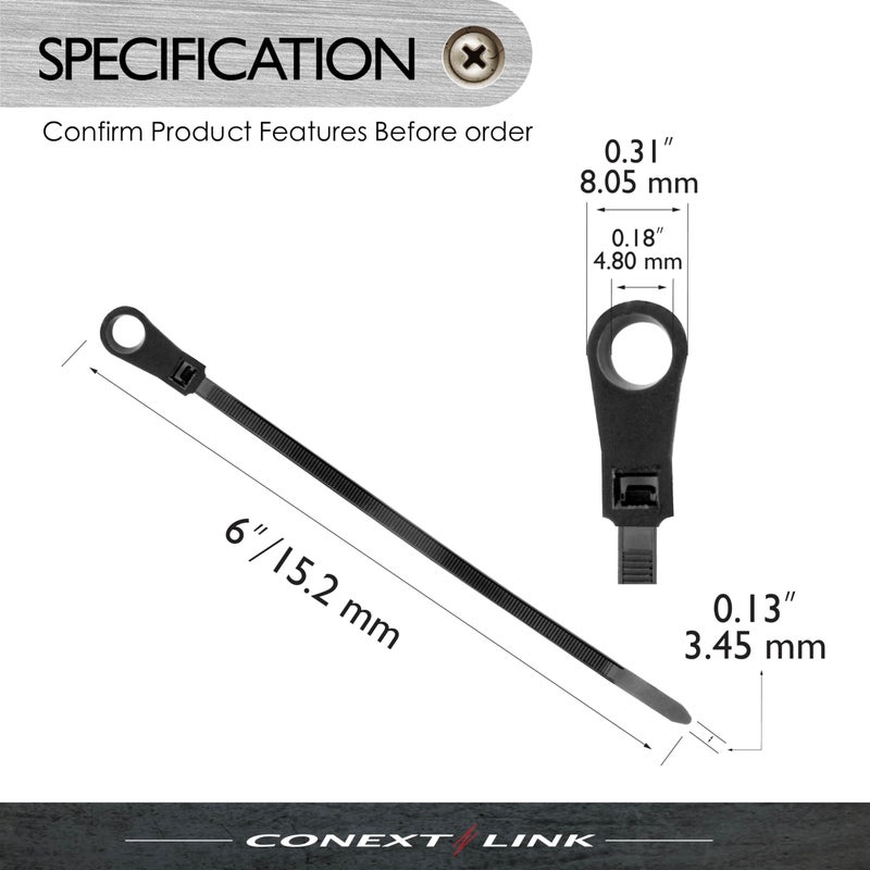 Conext Link 100 Nylon Cable Wire Zip Ties Mounting Hole Nail Screw 40 LBS 6" Inch Black - Image 3